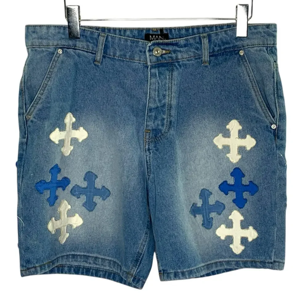 BoohooMan 36 NEW Slim Rigid Applique Jean Shorts In Light Blue Streetwear